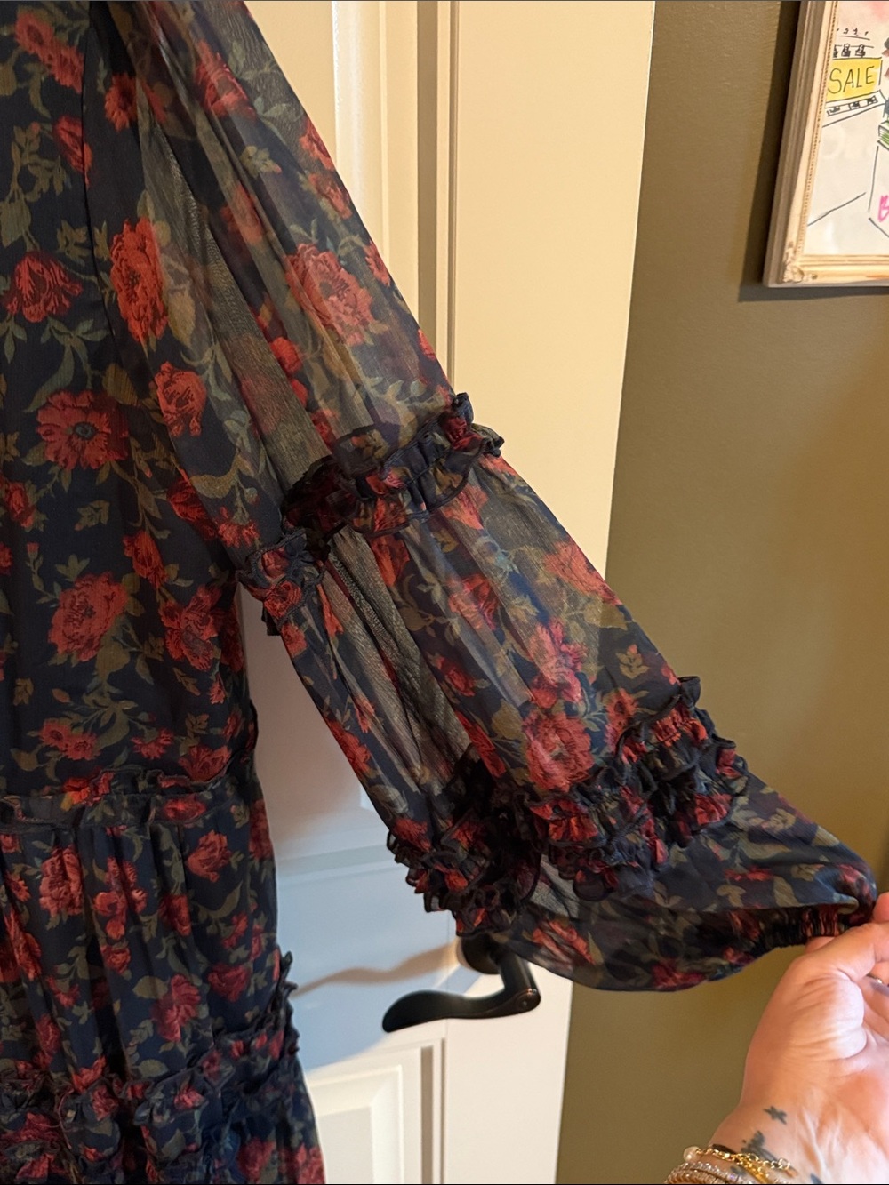 Ivy City Co Black Maxi Dress with Red & Green Floral Print Dark Romance - Picture 3 of 8
